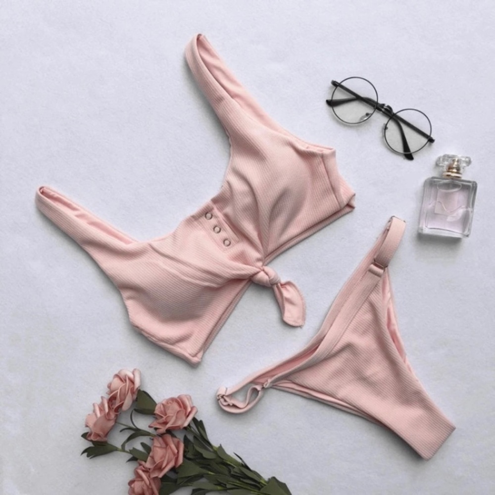 1129 pink ribbed knot cheeky swimsuits - Picture 2 of 4
